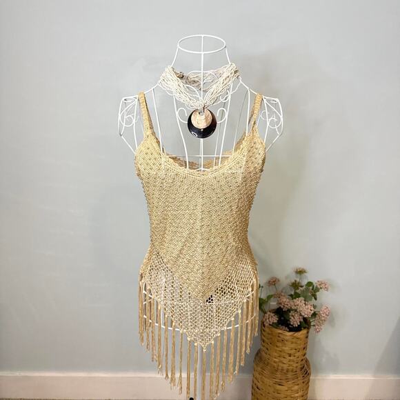Stunning gold vintage 90s y2k sparkly beaded fringe crochet tank top - Picture 1 of 6